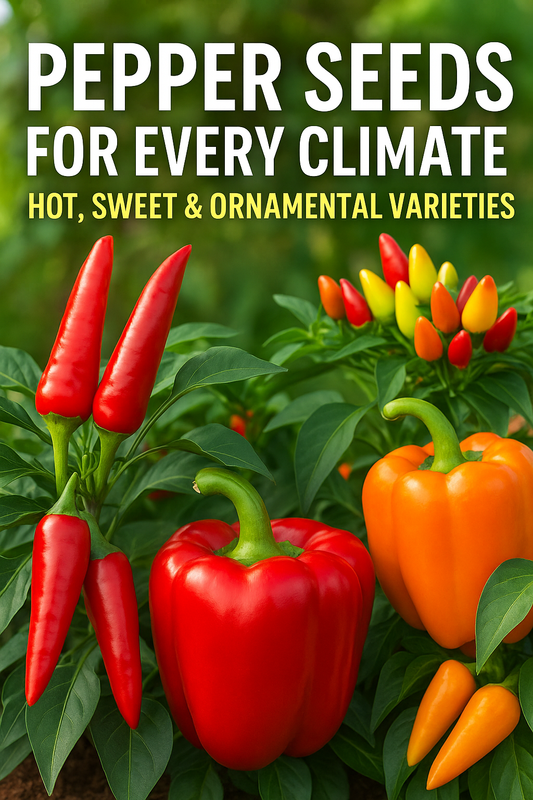 Bright assortment of hot, sweet, and ornamental peppers in red, yellow, and orange tones — perfect for all climates and growing conditions.