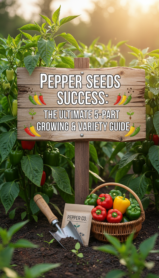 Hot and sweet pepper varieties arranged with seedlings for a pepper growing guide