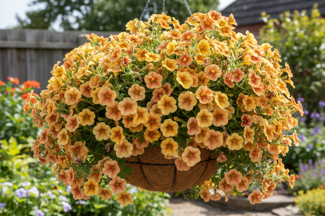 Petchoa and calibrachoa hanging basket with golden yellow and nectarine trailing blooms