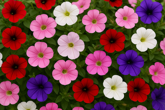 Trailing E3 petunias overflowing from hanging basket in full color