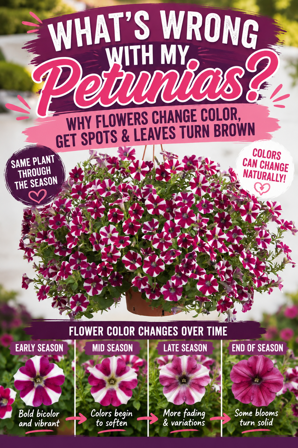 Bicolor petunia flowers showing how bloom colors can change from vibrant pink and white early in the season to faded or solid colors later in the season.