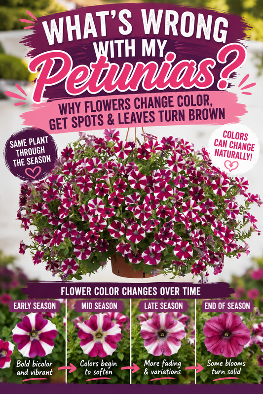 Bicolor petunia flowers showing how bloom colors can change from vibrant pink and white early in the season to faded or solid colors later in the season.