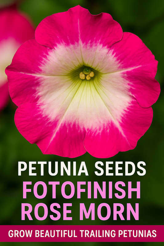 Petunia Fotofinish Rose Morn bloom with rosy pink petals blending into a creamy white and yellow throat, ideal for trailing hanging baskets, containers, and summer gardens.