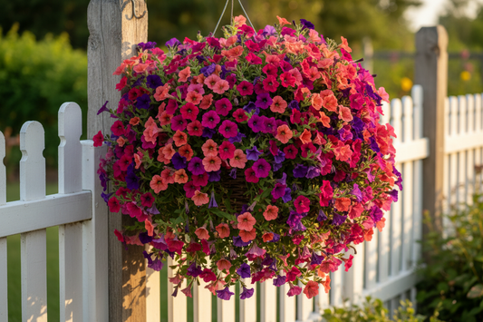 Lush petunia hanging basket overflowing with cascading pink, purple, and coral blooms in full summer sun