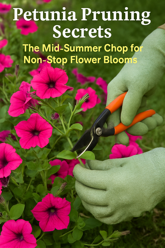 Close-up of a gardener pruning petunia stems in mid-summer to promote new flower growth and continuous colorful blooms.