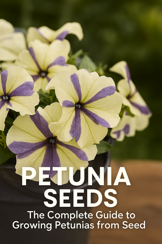 Cream and purple petunia flowers with the blog title about the best petunias for baskets, bedding plants, and summer color.