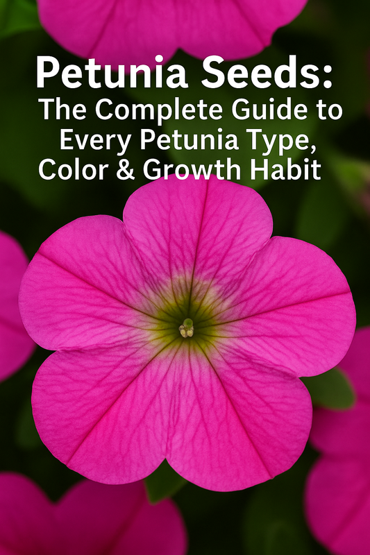 Various colorful petunia blooms with the blog title about the complete guide to every petunia type and best varieties.