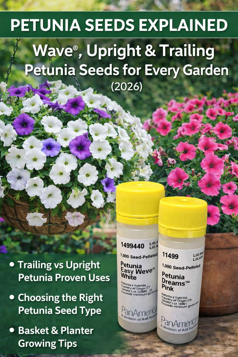 Petunia seed packs with wave, upright, and trailing petunias in baskets and planters