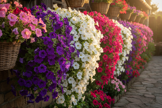 Trailing petunias in pink, purple, and white cascading from hanging baskets in full summer bloom