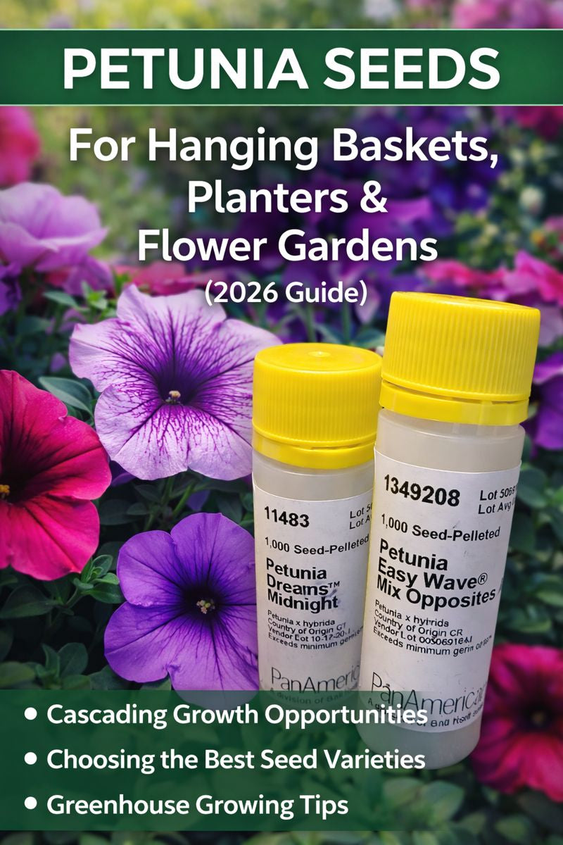 Petunia seed packs with flowering petunias for hanging baskets and garden planters