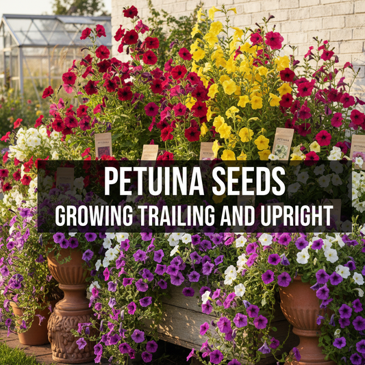 Colorful trailing and upright petunias in full bloom grown from seed, perfect for hanging baskets and summer gardens.
