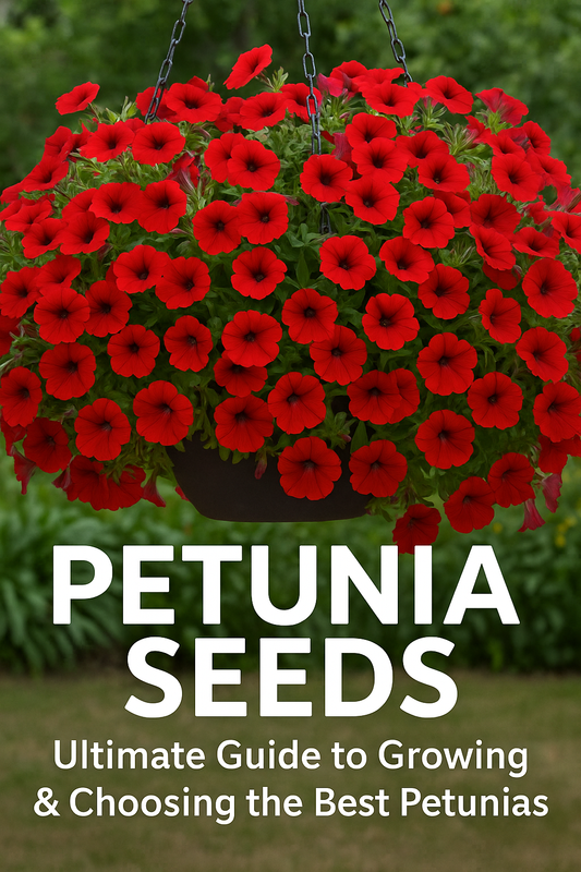 Wave and Easy Wave petunias in a full hanging basket for a guide on growing petunia seeds and choosing the best petunia varieties
