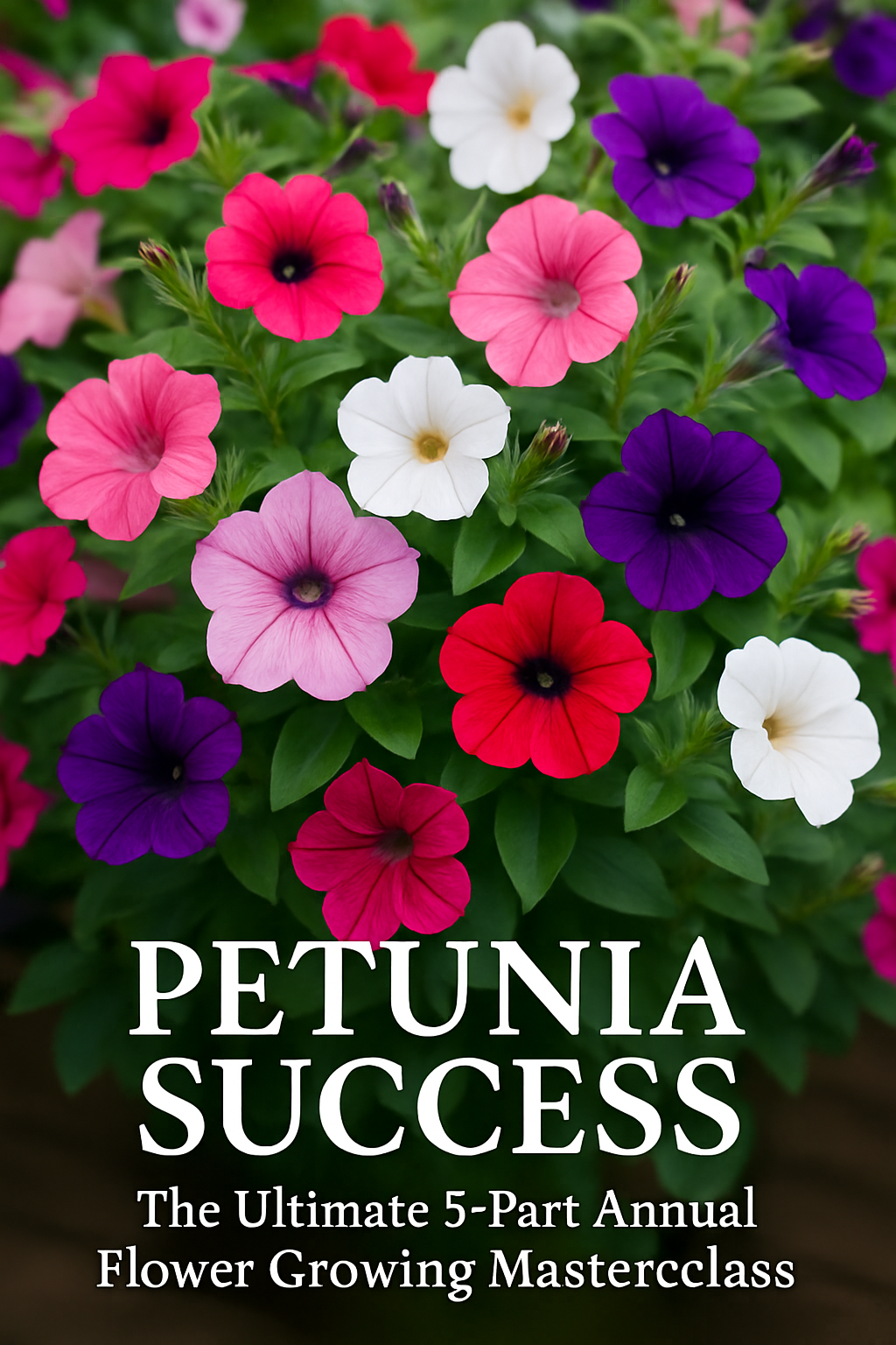 Vibrant mix of trailing and upright petunias blooming in full color, symbolizing successful flower growth and care from seed to full bloom.