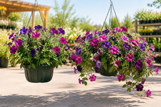  “Young trailing petunias growing upright beside a mature cascading hanging basket”