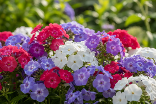 Colorful annual phlox flowers in red, purple, blue and white growing in a garden