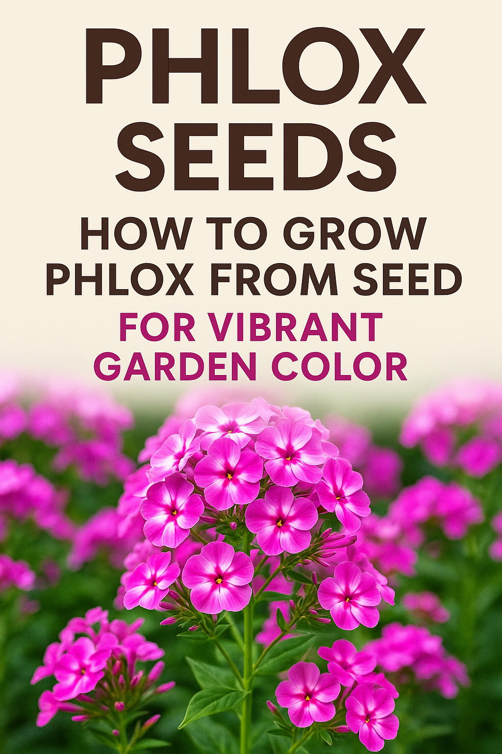 Bright pink phlox flowers blooming in a garden — Pinterest thumbnail for “Phlox Seeds: How to Grow Phlox from Seed for Vibrant Garden Color
