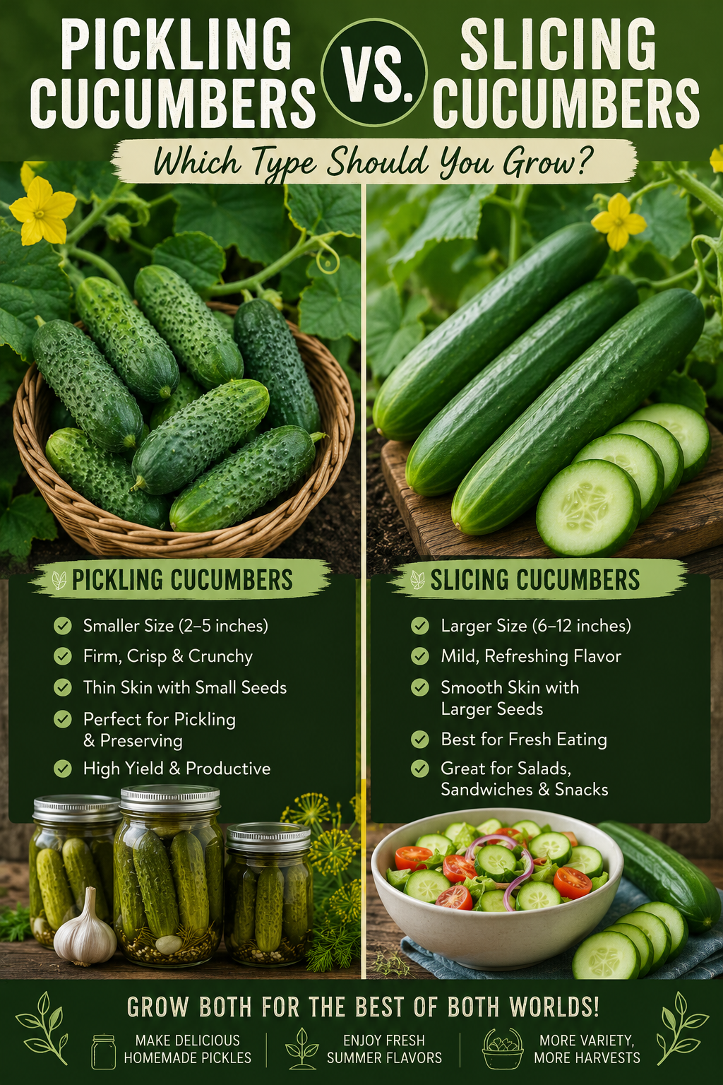 Comparison of pickling cucumbers and slicing cucumbers showing differences in size, texture, flavor, and best uses for home gardeners.