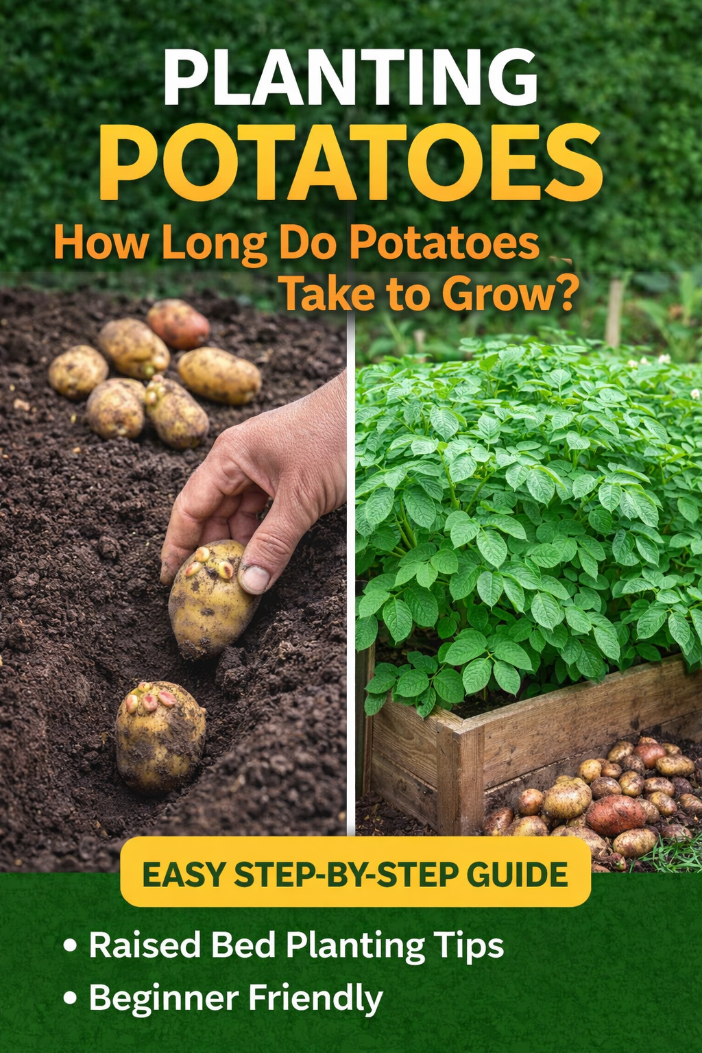 Planting potatoes in raised bed garden showing seed potatoes being planted and mature potato plants growing