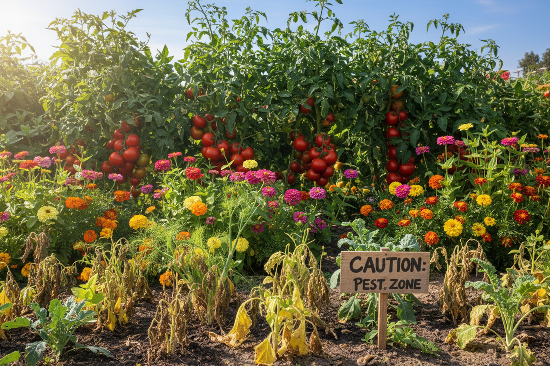 Tomato plants growing with companion flowers like zinnias and marigolds — companion planting guide showing which plants to avoid near tomatoes