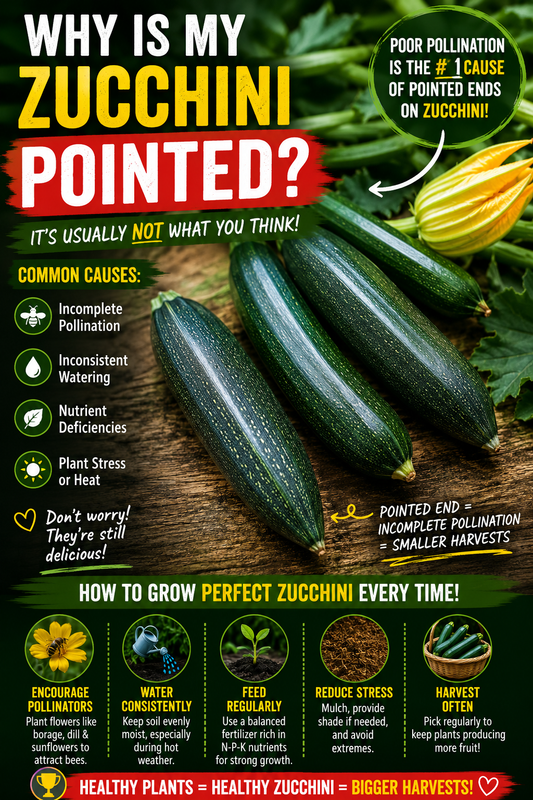 Several Black Beauty zucchini with pointed ends showing how poor pollination, plant stress, or uneven growing conditions can affect zucchini fruit shape and development in a home vegetable garden