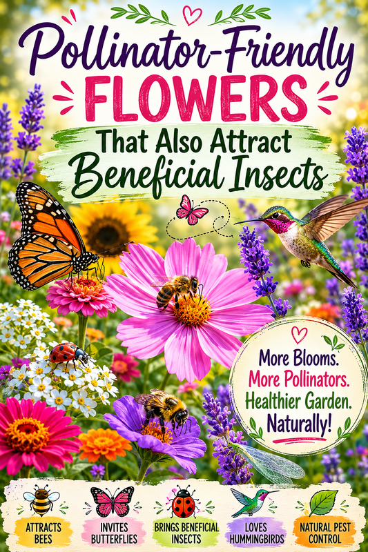 Pollinator-friendly flowers attracting bees, butterflies, ladybugs, lacewings, and beneficial insects in a colorful flower garden