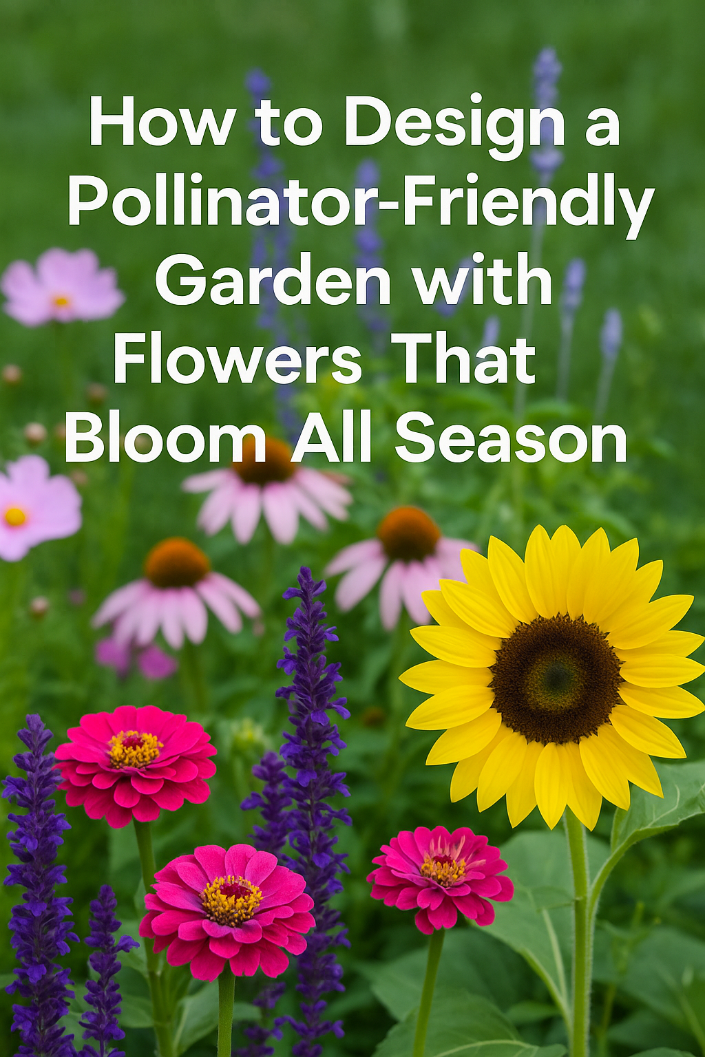 Vibrant pollinator garden with zinnias, cosmos, sunflowers, lavender, echinacea, and salvia attracting bees and butterflies, showcasing flowers that bloom all season
