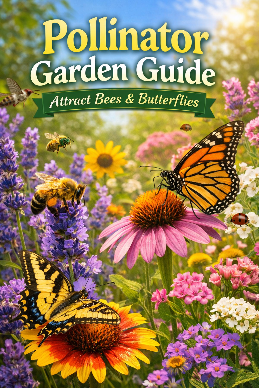 Bees and butterflies pollinating lavender and colorful garden flowers in a vibrant pollinator garden designed to attract beneficial insects