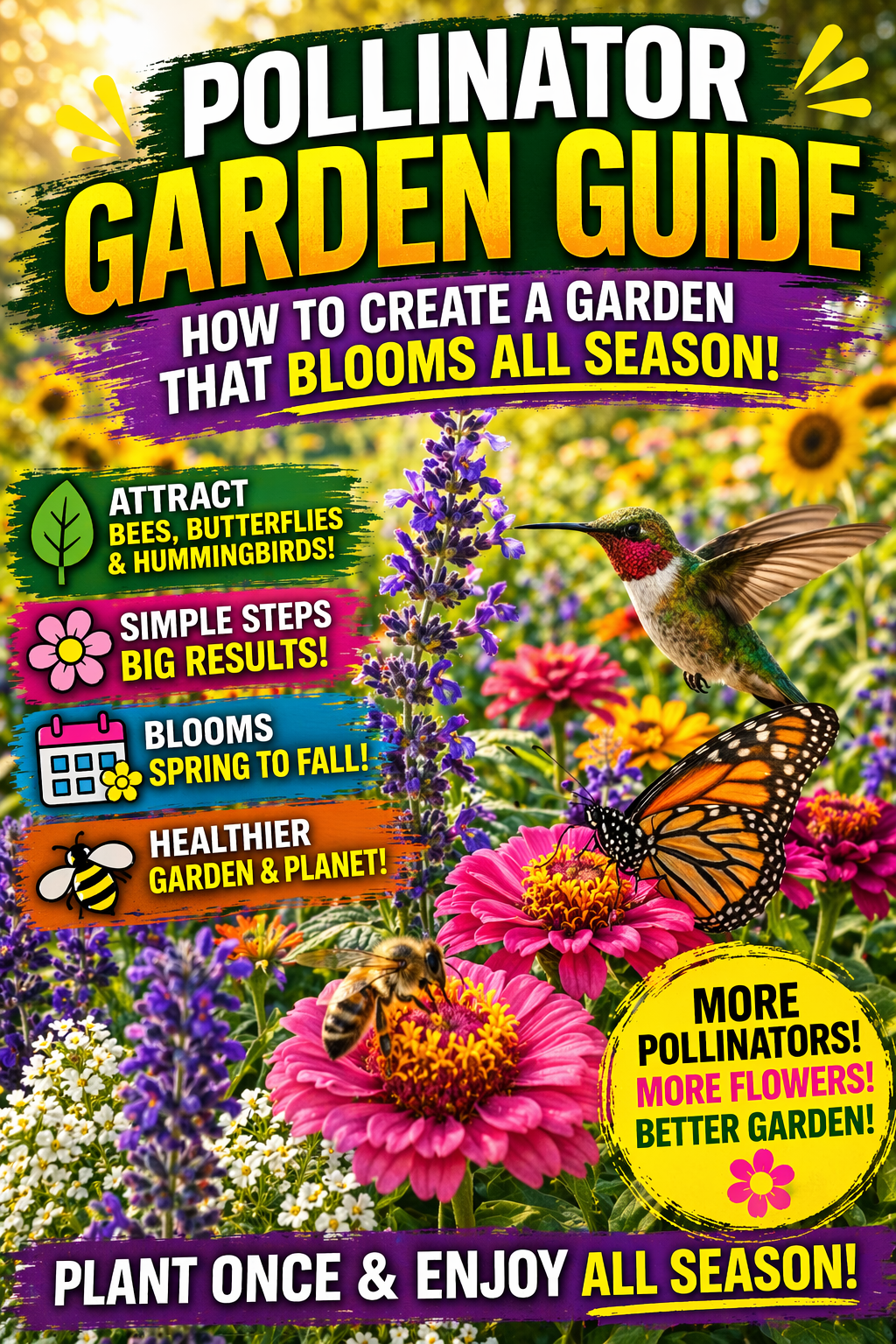 Pollinator garden with continuous blooms attracting bees, butterflies, and hummingbirds all season long
