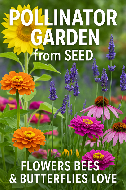 Colorful pollinator garden grown from seed featuring zinnias, sunflowers, lavender, snapdragons, and echinacea with bees and butterflies visiting blooms
