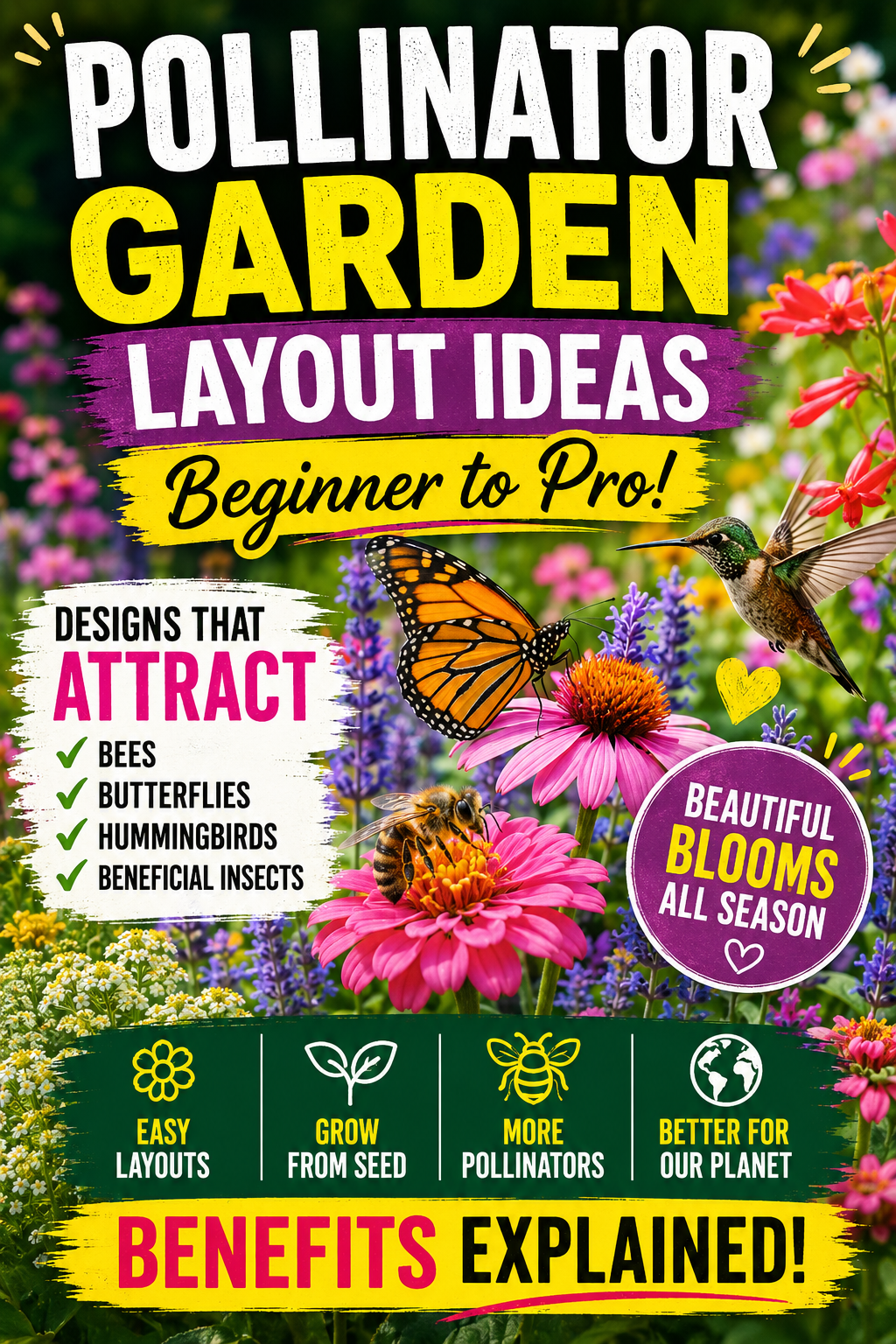 Pollinator garden layout ideas with flowers attracting bees, butterflies, hummingbirds, and beneficial insects