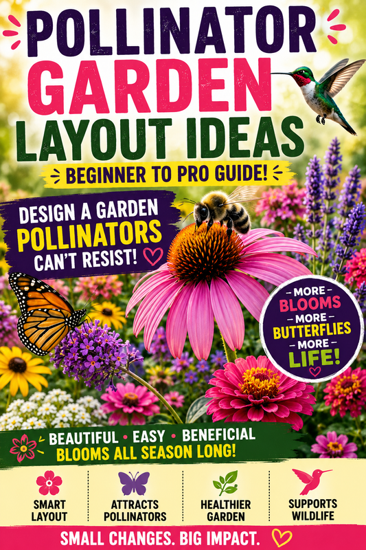 Pollinator garden layout ideas with flowers attracting bees, butterflies, and hummingbirds in a colorful backyard garden