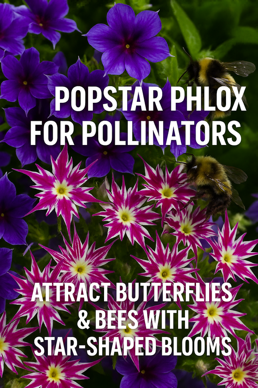 Purple star-shaped Popstar Phlox flowers with bees — Pinterest thumbnail for Popstar Phlox for Pollinators Attract Butterflies and Bees