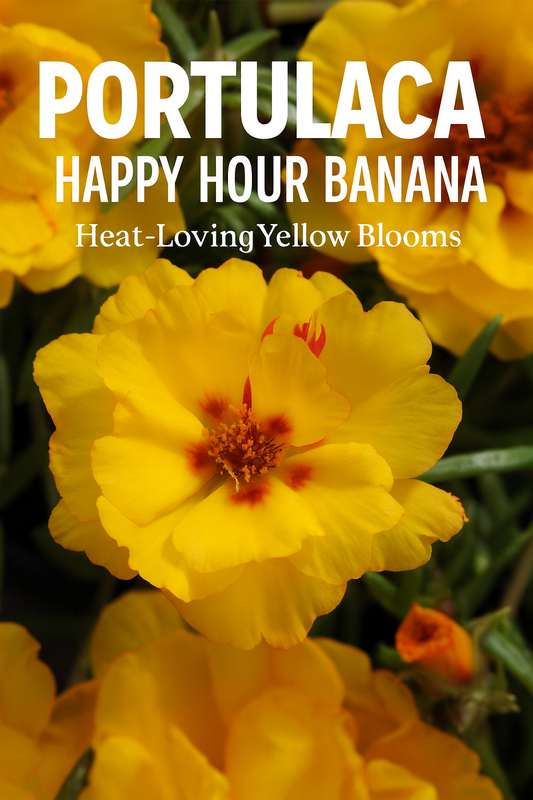 Close-up of Portulaca Happy Hour™ Banana flowers in bright yellow with orange centers — a heat-tolerant, drought-resistant moss rose variety perfect for sunny gardens.