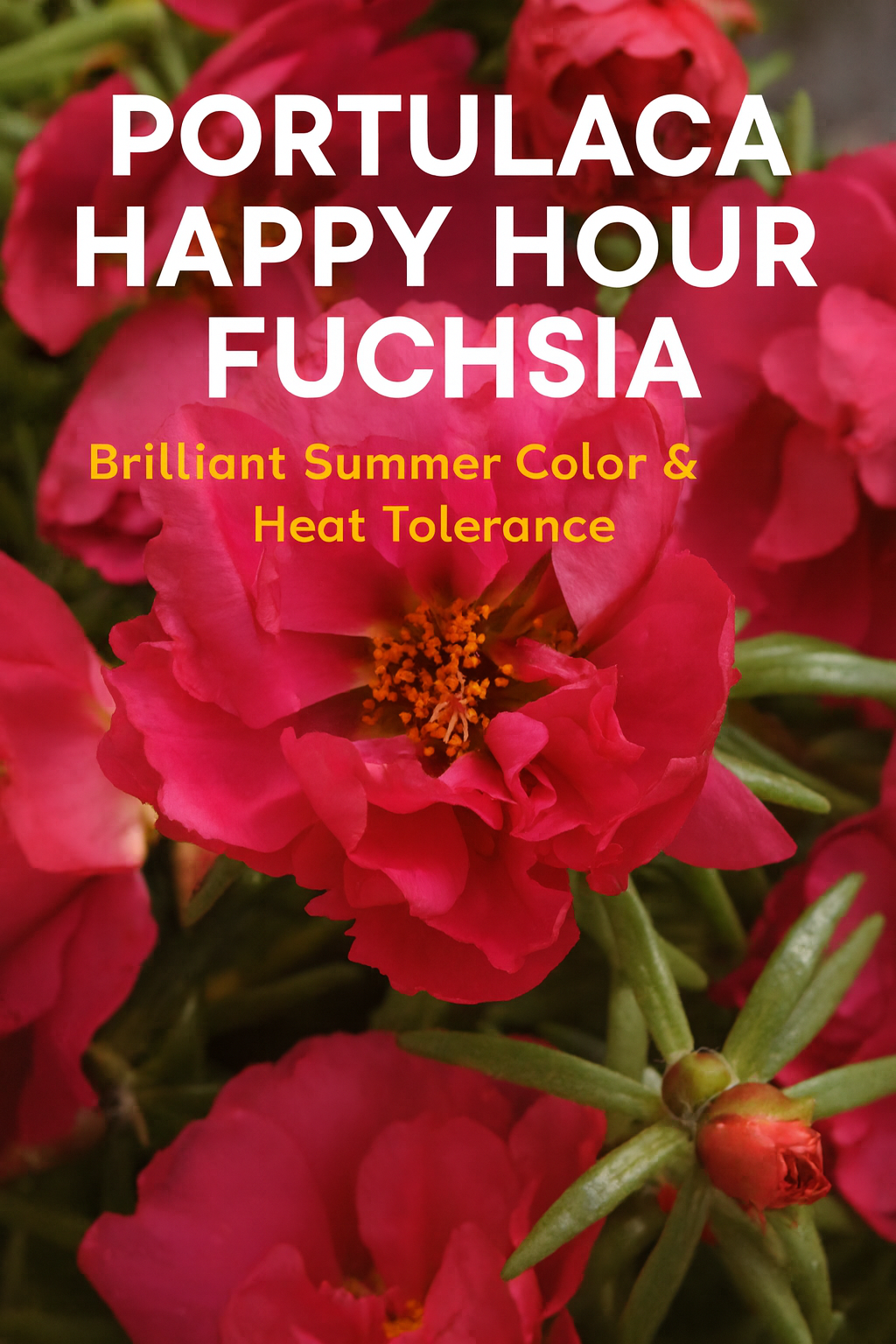 Vibrant magenta-pink Portulaca Happy Hour™ Fuchsia flowers in full bloom, showcasing lush petals and golden centers. A drought-tolerant moss rose ideal for sunny summer gardens and containers.