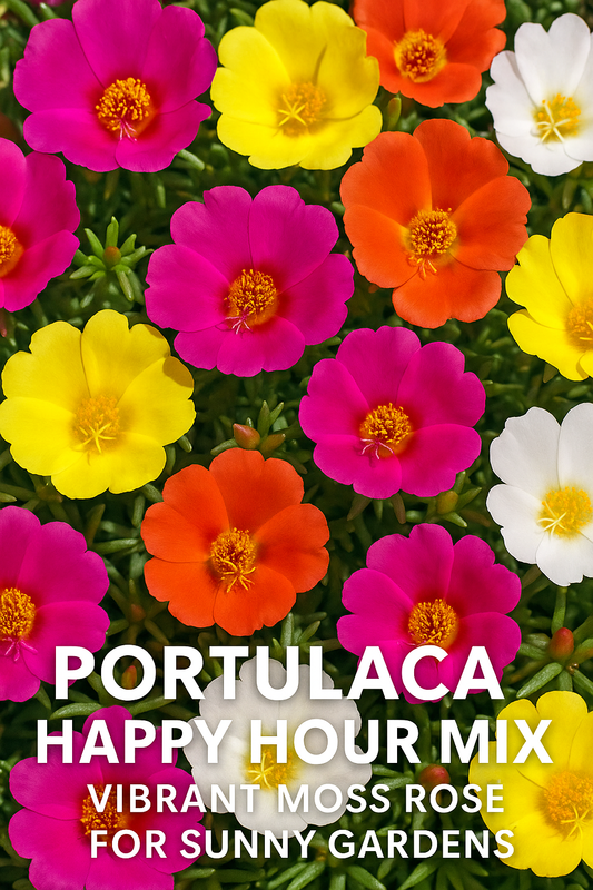 Portulaca Happy Hour Mix blooms with vibrant pink, orange, yellow, white, and red flowers, a heat-loving moss rose variety perfect for sunny gardens, containers, and rock borders