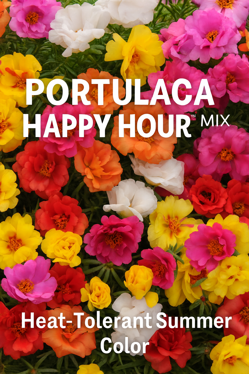 A colorful mix of Portulaca Happy Hour™ blooms in shades of yellow, pink, orange, and red — drought-tolerant moss rose flowers perfect for hot, sunny gardens and containers.