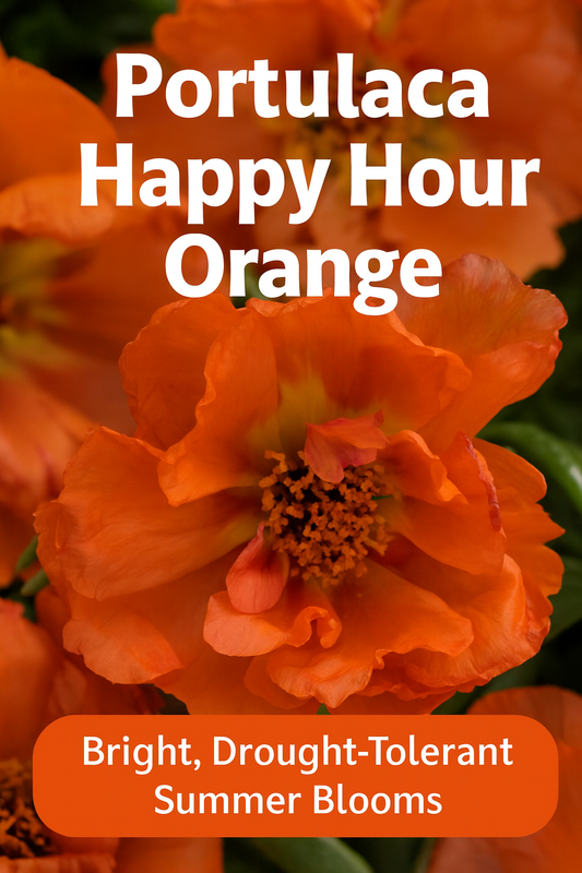 Close-up of vibrant orange Portulaca Happy Hour™ blooms with golden centers. These drought-tolerant moss rose flowers thrive in full sun and heat, perfect for summer gardens and containers.