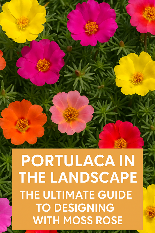 A colorful landscape filled with blooming Portulaca moss rose in yellow, pink, and orange shades, showing how this drought-tolerant flower enhances sunny gardens and rock borders