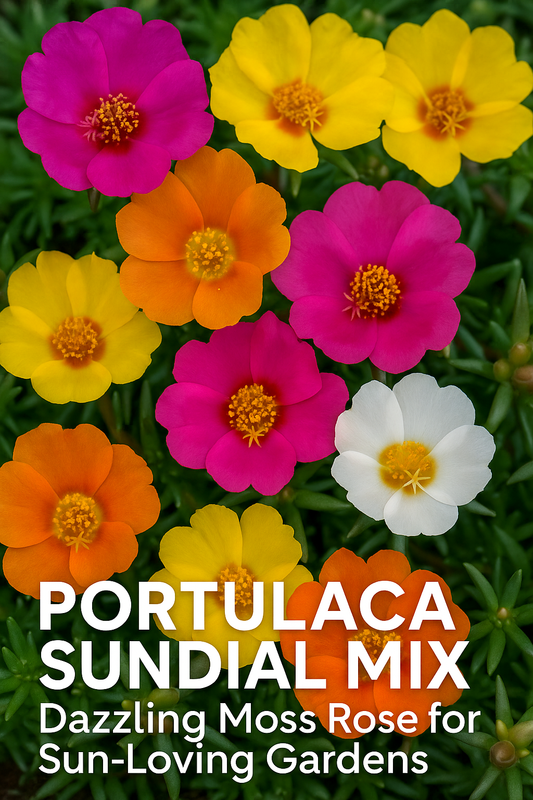Portulaca Sundial Mix flowers in vivid shades of pink, yellow, orange, and white, a drought-tolerant moss rose blend perfect for full-sun summer gardens