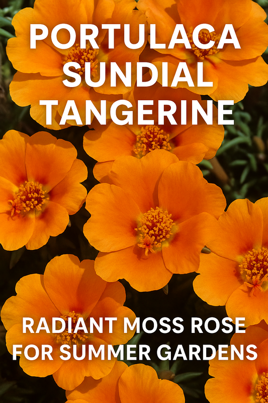 Portulaca Sundial Tangerine flowers with bright orange blooms and golden centers, a heat-loving moss rose that thrives in full sun and dry soil for vibrant summer color