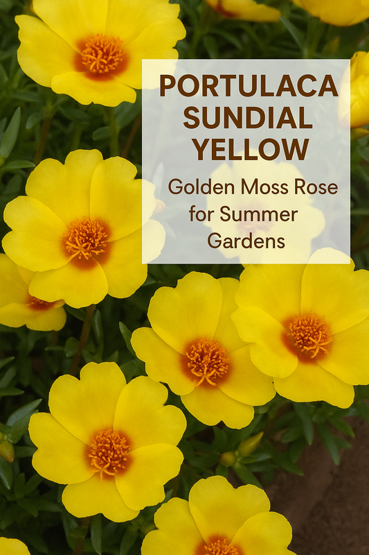 Portulaca Sundial Yellow blooms with golden-yellow petals and orange centers, a brilliant moss rose that thrives in full sun and dry soil for bright summer gardens