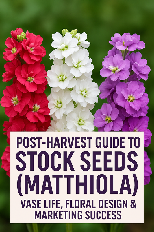 Colorful stock flowers (Matthiola) in red, white, lavender, and purple shades, highlighting post-harvest care, vase life, and marketing for cut flowers