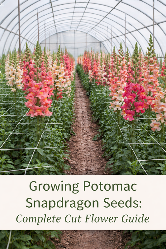 Potomac snapdragon flowers growing in rows inside a high tunnel greenhouse with support netting for tall cut flower production