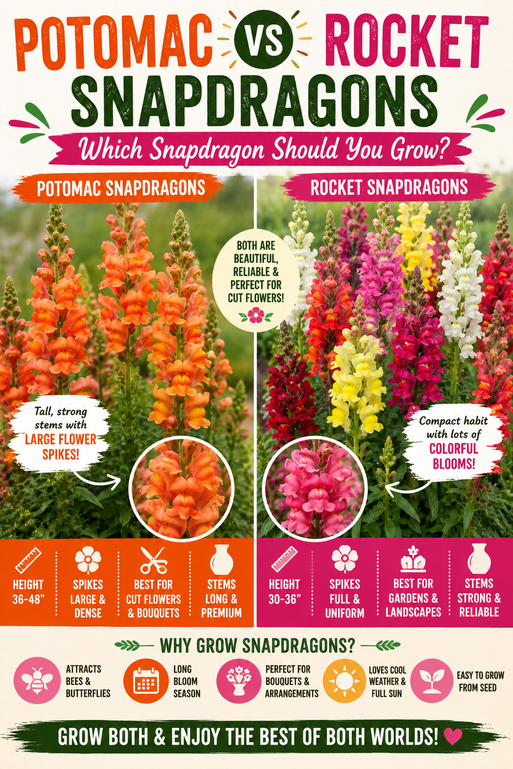Side-by-side comparison of Potomac Snapdragons and Rocket Snapdragons showing differences in plant height, flower spike size, stem quality, garden performance, and the best snapdragon varieties for cut flowers and home gardens.