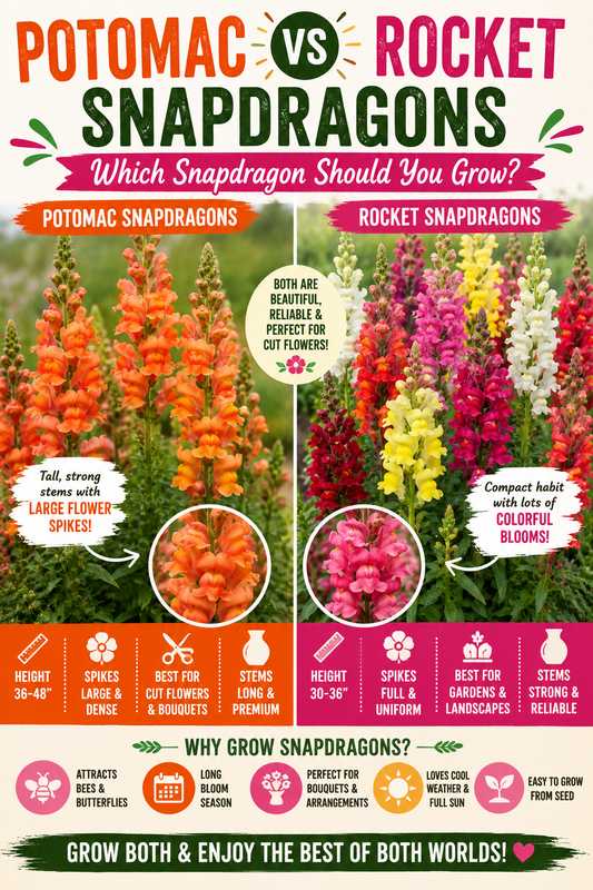 Side-by-side comparison of Potomac Snapdragons and Rocket Snapdragons showing differences in plant height, flower spike size, stem quality, garden performance, and the best snapdragon varieties for cut flowers and home gardens.