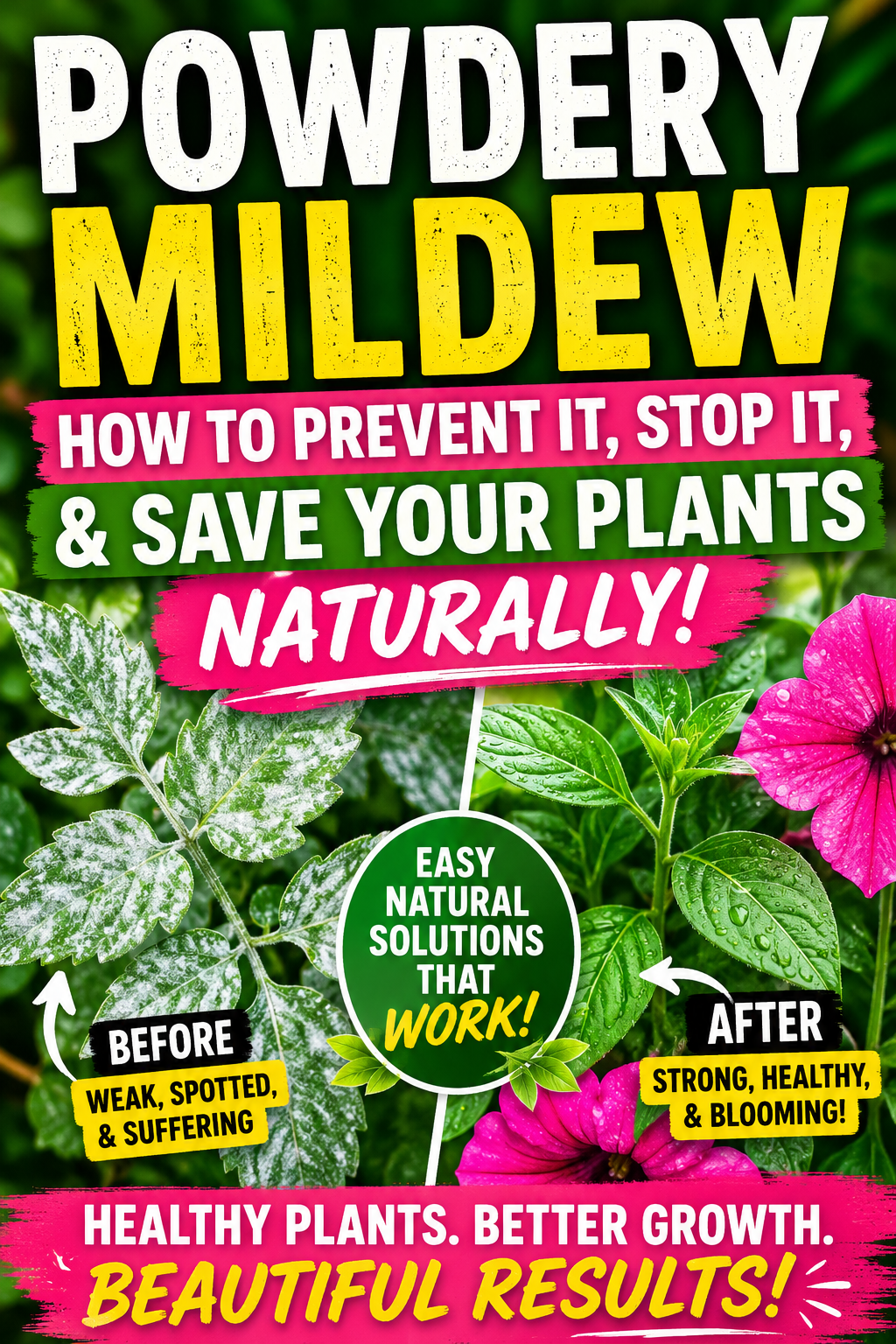 Powdery mildew prevention guide showing healthy flowering plants and natural ways to stop fungal plant disease