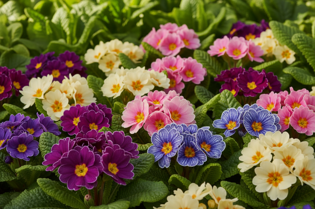 Premium primrose seeds growing in full bloom — Primula Hethor, Paradiso, and Blue Zebra varieties in jewel-toned colors
