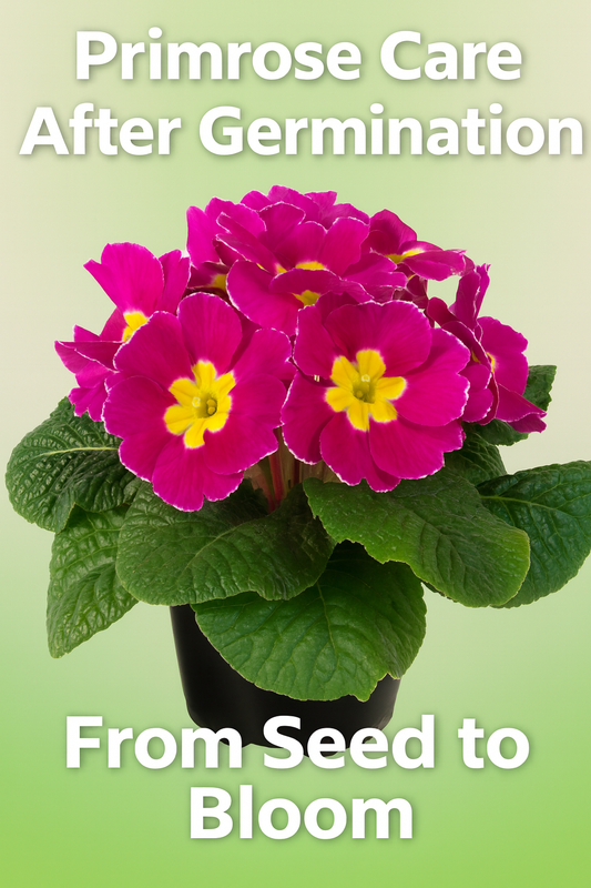 Bright pink Primrose (Primula) flowers in full bloom showing healthy growth after germination — perfect example of vibrant cool-season plants grown from seed
