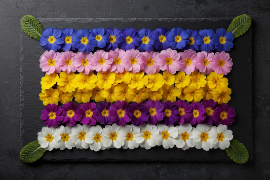Primrose seeds by color — blue, pink, yellow, violet, and white primula flowers arranged in a stunning spring display for early season gardens