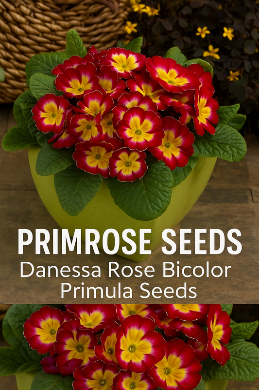 Primrose Danessa Rose Bicolor with striking red and white petals and bright yellow centers, grown in a container with lush green foliage.